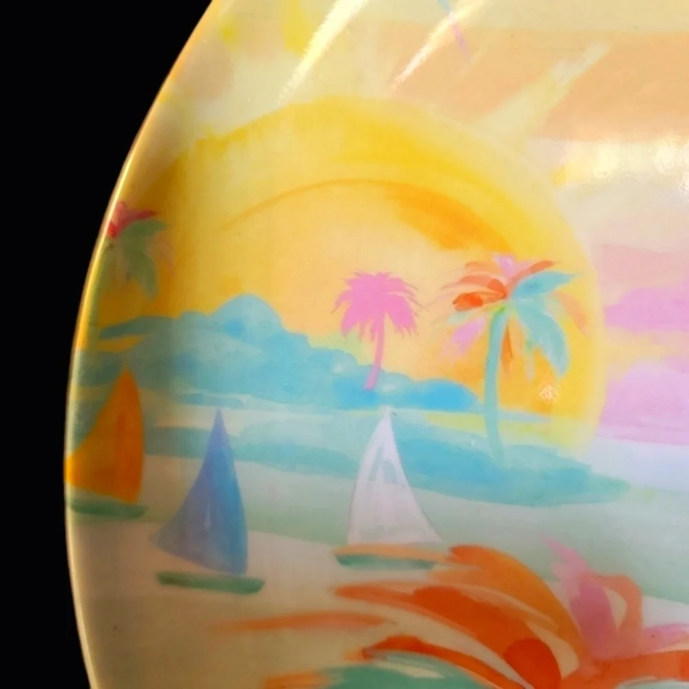 6 Tropical Beach Sailboat Sunset View Watercolor Palm Melamine Dinner Plate Set
